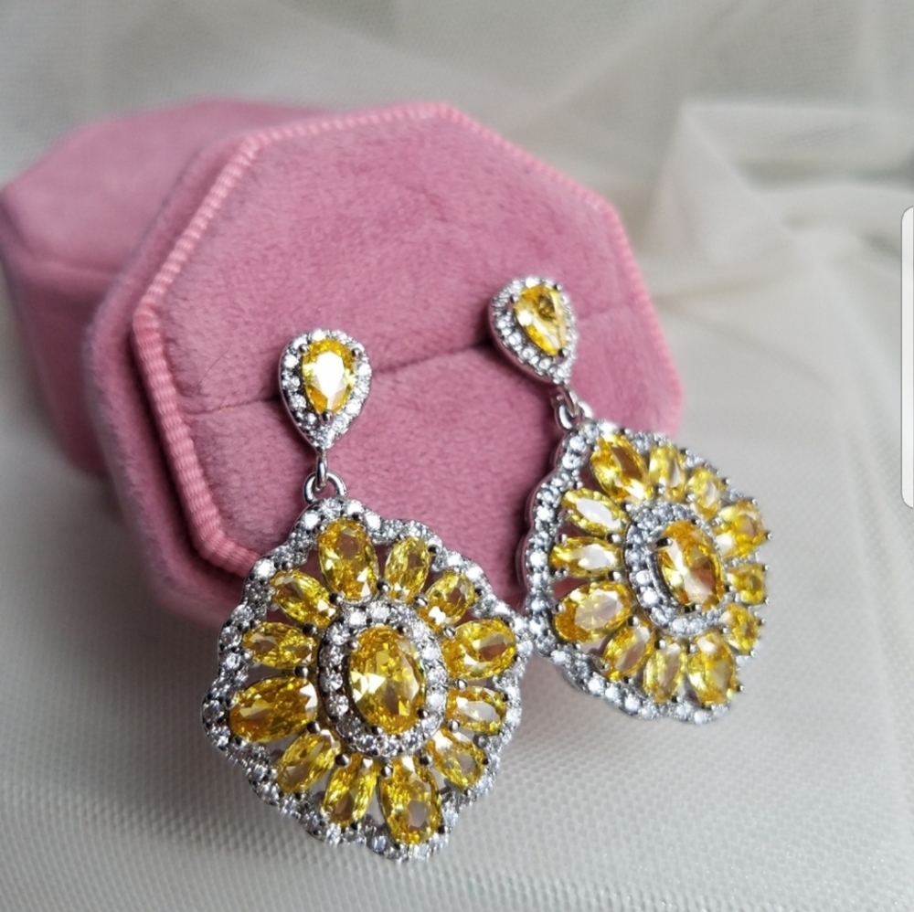 Swarovski Elements Citrine Yellow 925 Sterling Silver Earrings & Ring SET NEW - Picture 9 of 16